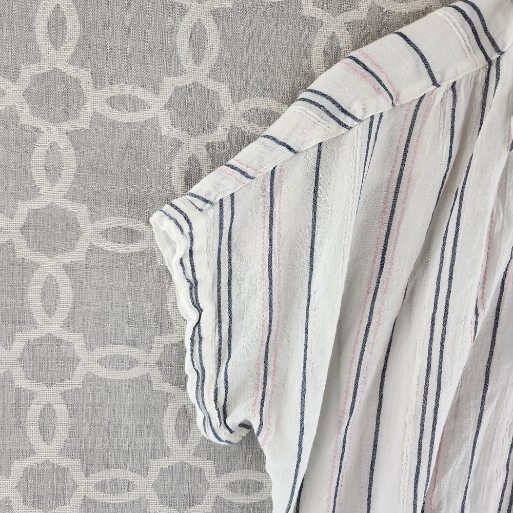 aerie White Button-Front Short Sleeve Striped Blouse - Picture 3 of 10